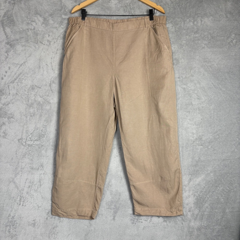 Eileen Fisher Pants Straight Leg Linen‎ Blend Elastic Waist Large Crop Normcore